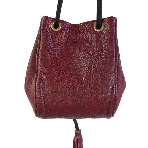 Red Pebble Leather Bucket Crossbody Bag Black Strap & Tassels Drawstring Boho - Picture 6 of 12